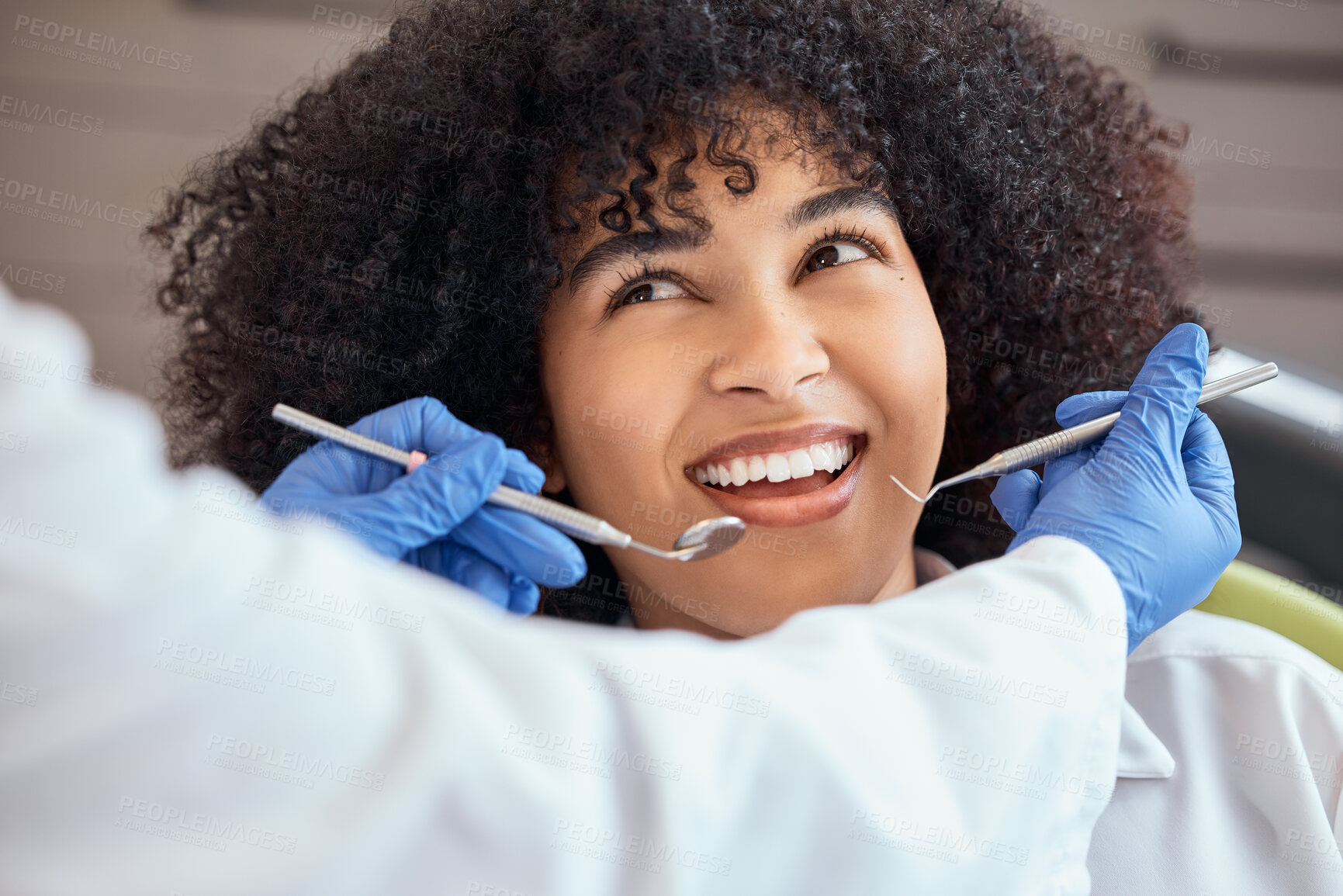 Buy stock photo Woman, dentist or cleaning tools of teeth, consultation or examination in chair at surgery. Female, patient and smile in checkup for oral hygiene, mouth and gum healthcare with orthodontist in office