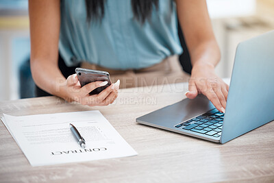 Buy stock photo Hands, phone and contract with a business woman at a desk in her office for communication or networking. Laptop, planning and documents with an employee typing an email closeup in the workplace