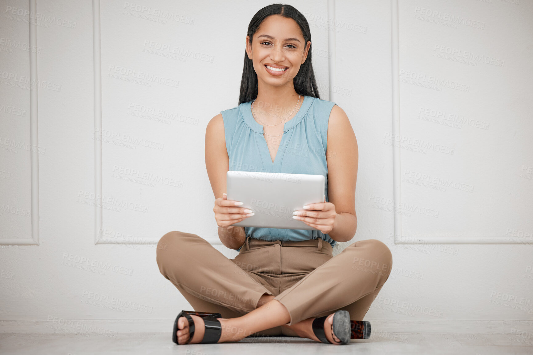 Buy stock photo Happy business woman, tablet and sitting on floor for online communication, networking or social media at office. Portrait of female person or employee smile with technology for research at workplace