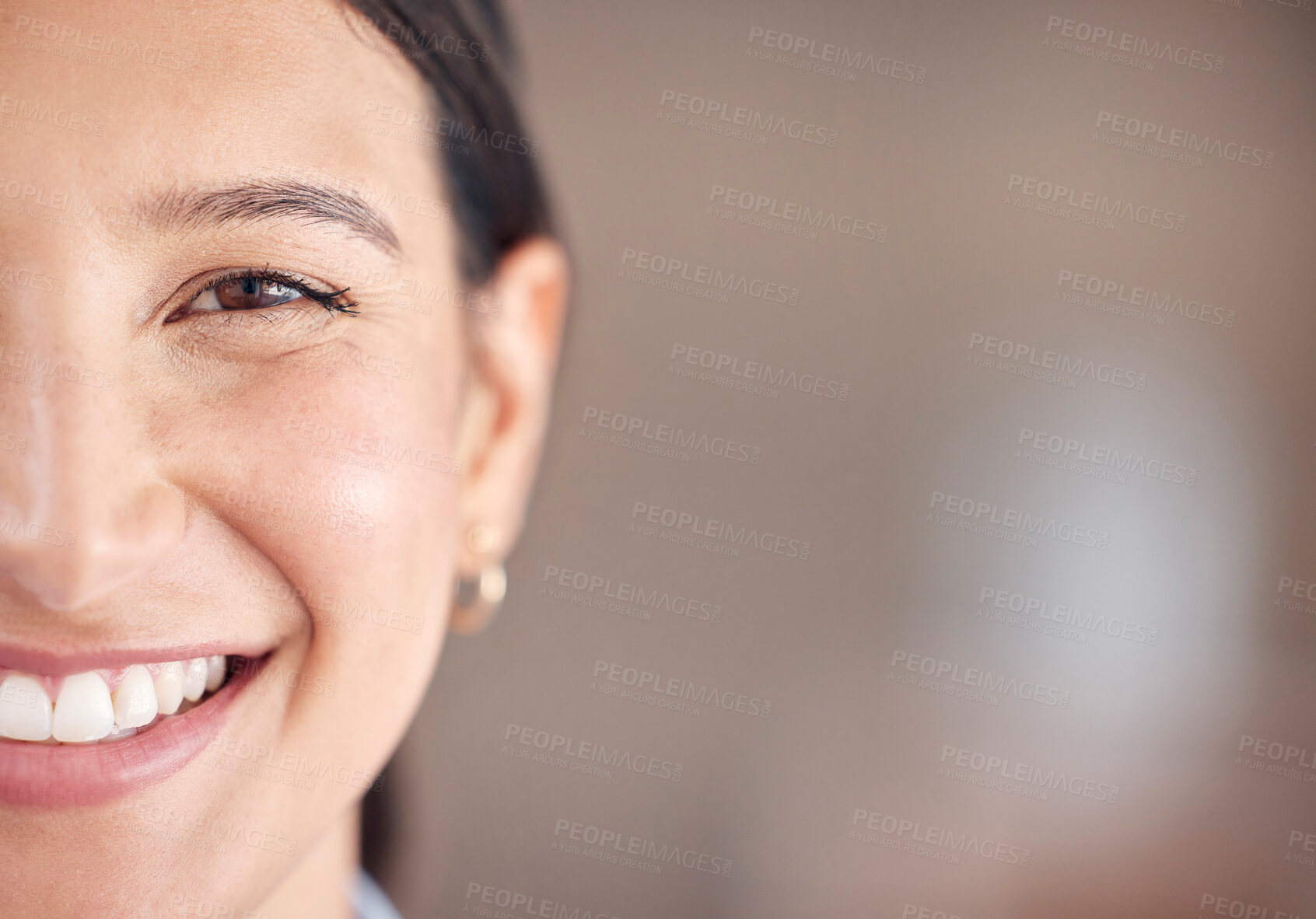 Buy stock photo Woman, portrait and eyes with smile for vision, eye exam and optometry with assessment or consultation. Half, face and happy at optometrist for eyecare, healthcare and wellness with confidence or joy