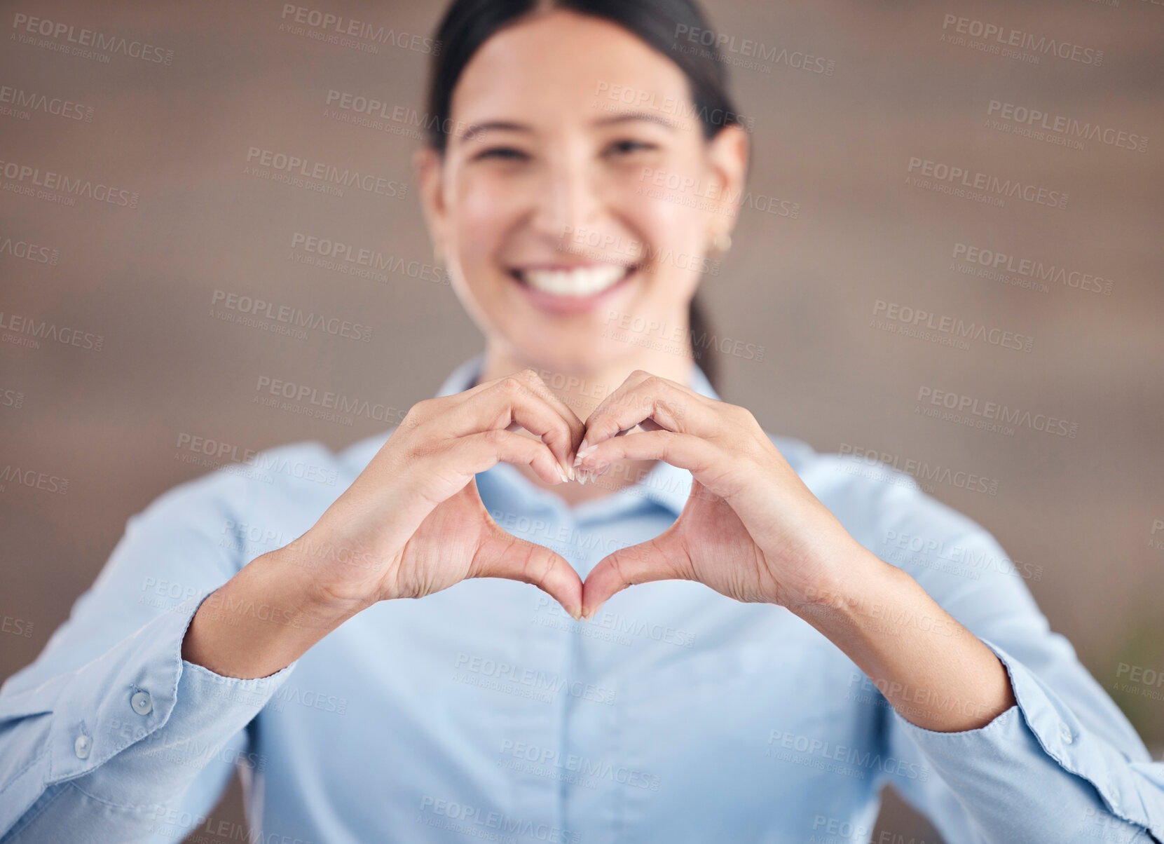 Buy stock photo Happy business woman, portrait and heart hands for love, care or support together at office. Female person or employee smile with like emoji, shape or symbol icon for romantic gesture at workplace