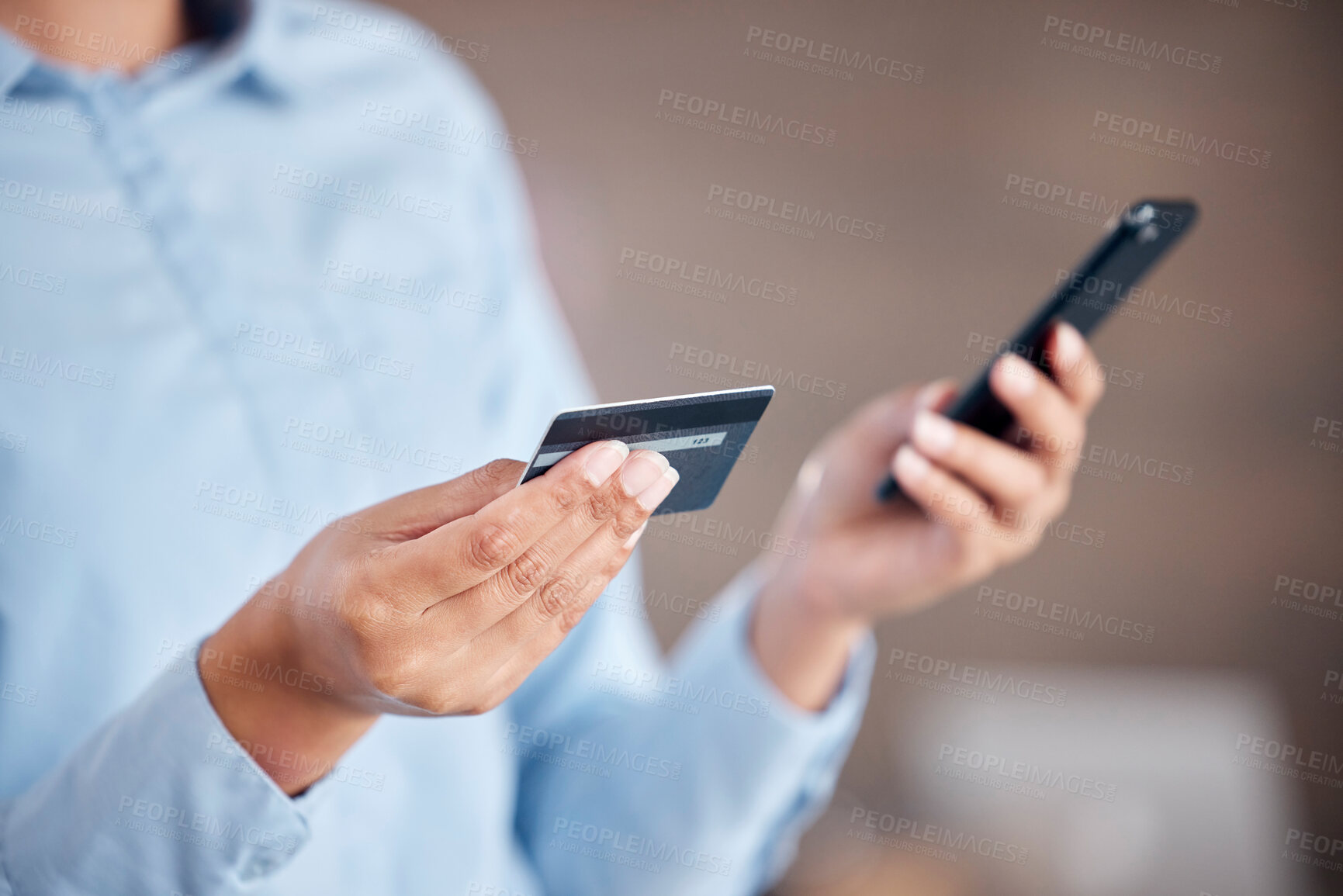 Buy stock photo Business woman, hands and phone with credit card for payment, online banking or ecommerce at office. Closeup of female person with debit on mobile smartphone for fintech purchase, shopping or buying
