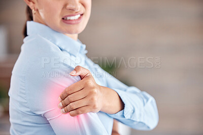 Buy stock photo Business woman, shoulder pain and injury from accident, inflammation or sore joint at office. Closeup of female person and ache, strain or broken arm in cramp, muscle tension or red area at workplace