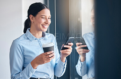 Buy stock photo Happy business woman, coffee and phone for communication, social media or networking at office. Female person or employee smile with latte or cappuccino on mobile smartphone in online chat or texting