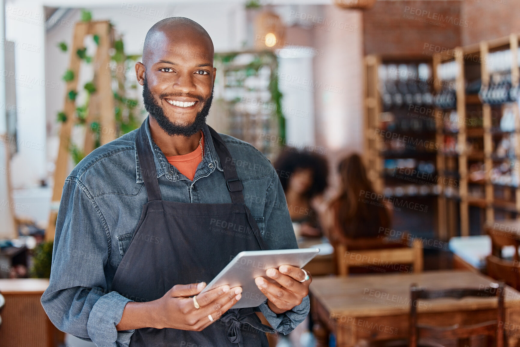 Buy stock photo Restaurant, tablet and portrait of man or small business owner, e commerce and cafe or coffee shop management. Happy waiter or african person with sales on digital technology or internet for startup