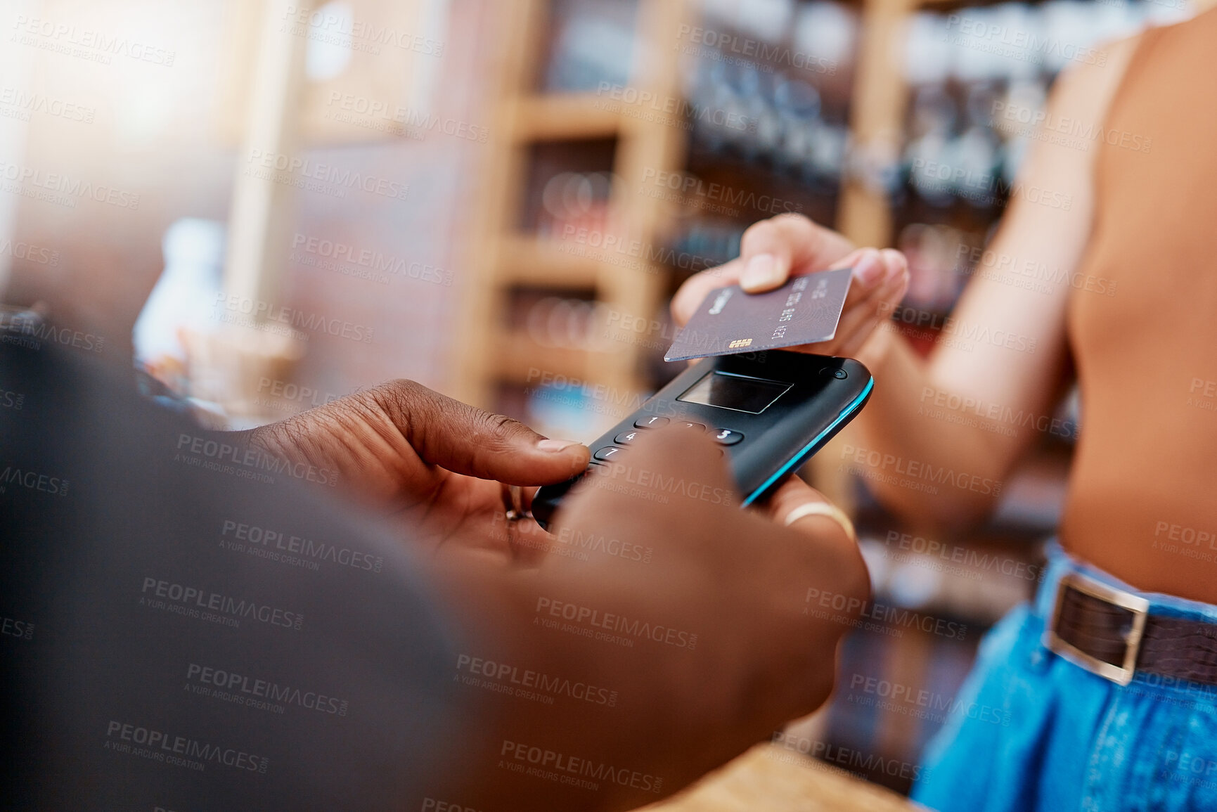 Buy stock photo Credit card, machine and people hands in small business, e commerce transaction and fintech payment or store digital POS. Banking, customer services or b2c woman, cashier or man in shop or restaurant