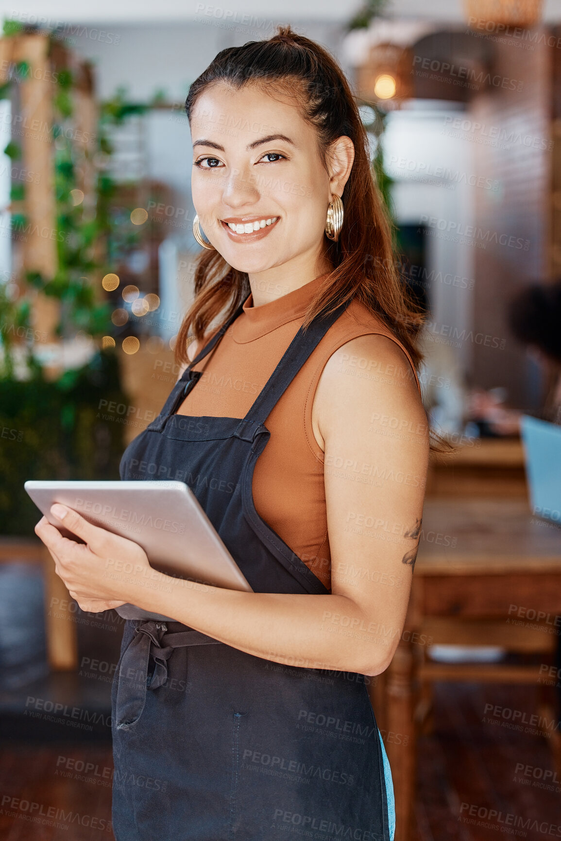 Buy stock photo Restaurant, tablet and portrait of woman or small business owner, e commerce and cafe or coffee shop management. Happy waitress or young person with sales, profit and digital technology for startup