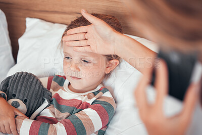 Buy stock photo Sick, fever and girl in a bed, health issue and check temperature with a cold, flu and tired. Female child, young person and kid in a bedroom, woman and phone call for help and advice with illness