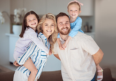 Buy stock photo Carefree caucasian family spending time together at home. Happy parents carrying their two daughters on their backs. Sisters enjoying a piggyback ride at home with mom and dad