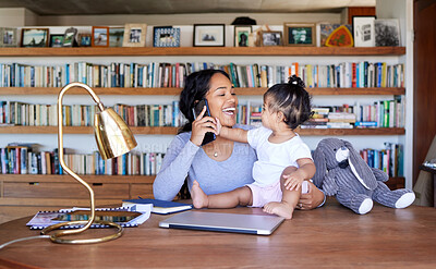 Buy stock photo Mother working from home phone call with baby. Hispanic woman making call on smartphone. Teleworking businesswoman at home with baby. Mother holding a baby working in her study.