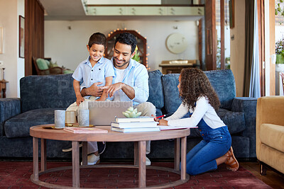 Father using a laptop at home with children. A happy dad online with his a and daughter. Young man with a little boy and girl using a computer, doing homework, learning and working remote with family