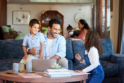 Father using a laptop at home with children. A happy dad online with his a and daughter. Young man with a little boy and girl using a computer, doing homework, learning and working remote with family