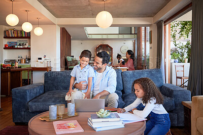 Father using a laptop at home with children. A happy dad online with his a and daughter. Young mixed race man with a little boy and girl using a computer, doing homework, learning and working remote with family