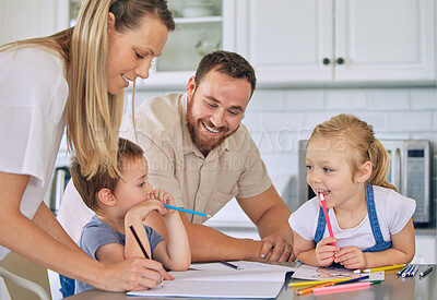 Buy stock photo Caucasian parents helping children with homework. Happy siblings doing school work. Mother helping her son with homework.Brother and sister drawing with parents. Family doing homework in the kitchen
