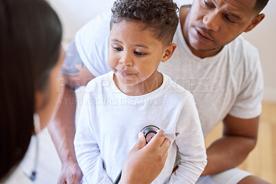 Buy stock photo Child, father and doctor with stethoscope in healthcare service, listening to heart or lung test or flu exam. Family, biracial dad and baby with medical woman or pediatrician for clinic consultation