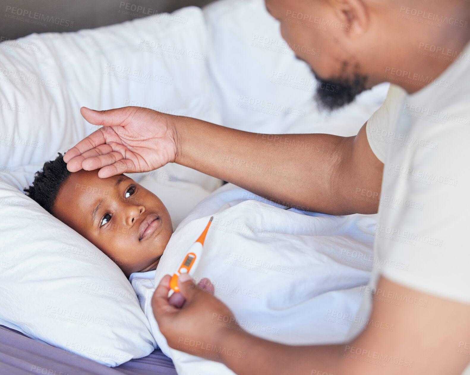 Buy stock photo Father, thermometer and sick child in bed with a fever and hand of dad on head to check temperature. Black boy kid and a man together in a bedroom for medical risk, health test and virus problem