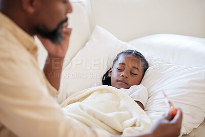 Buy stock photo Thermometer, father and sick child in bed to sleep with a fever with paternity leave to check temperature. Black girl kid and a man together in bedroom for medical risk, health test and virus problem