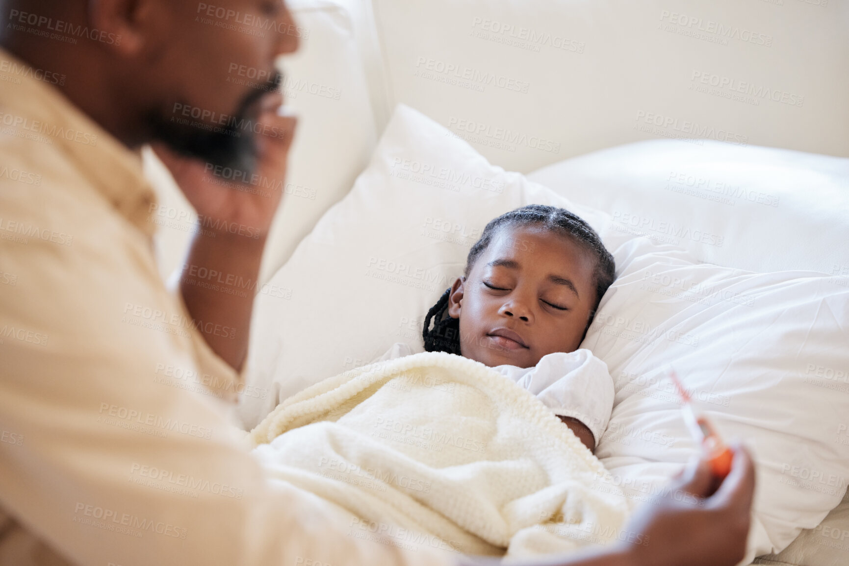 Buy stock photo Thermometer, father and sick child in bed to sleep with a fever with paternity leave to check temperature. Black girl kid and a man together in bedroom for medical risk, health test and virus problem