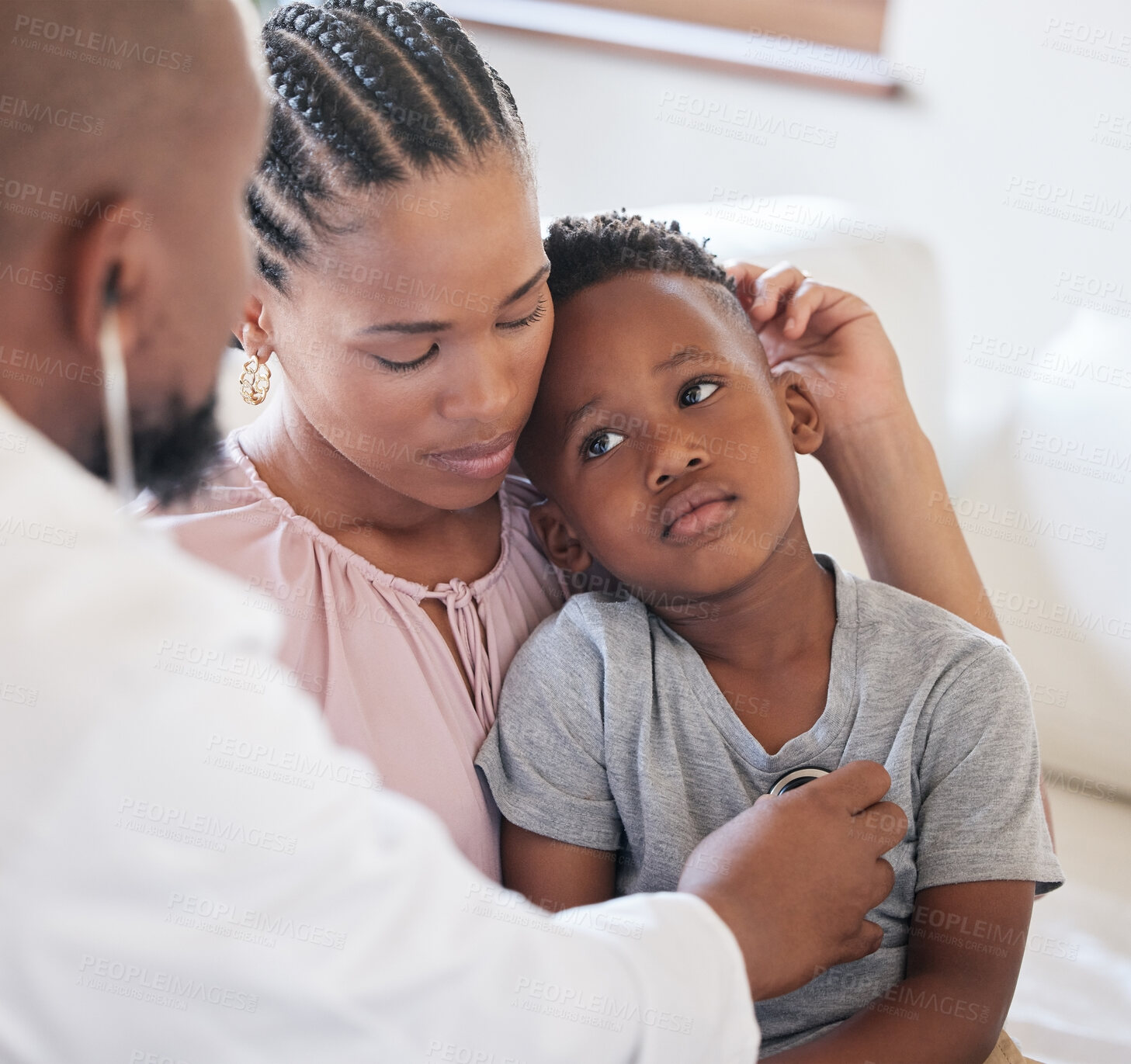 Buy stock photo Children, medical and a mother with her sick son at the doctor with a checkup or examination in a hospital. Healthcare, kids and a boy patient at the pediatrician with his black woman mom in a clinic