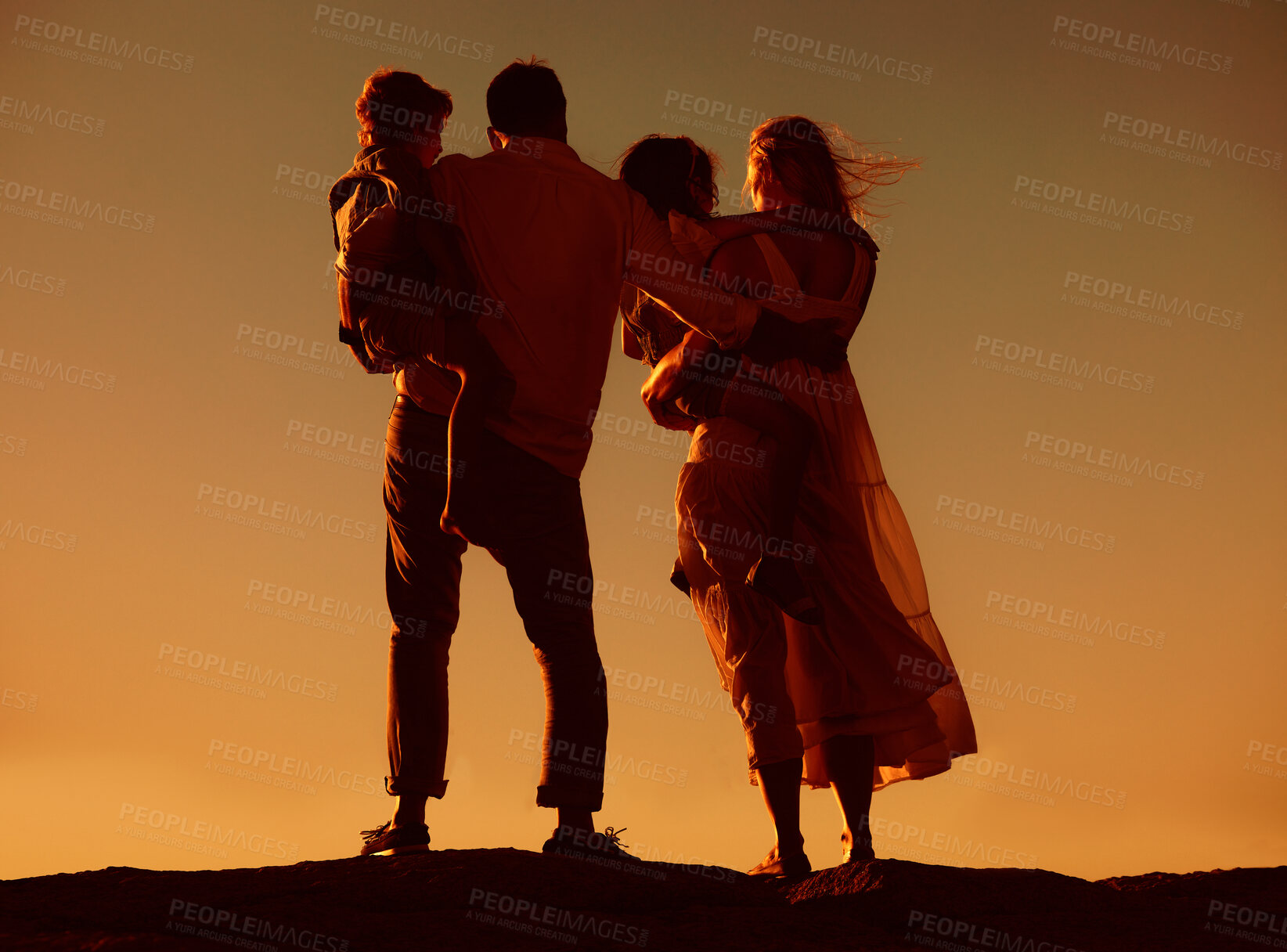 Buy stock photo Parents, children and silhouette on mountain, sunset and hug with love, care and summer adventure. Mother, father and young kids with sky background, bond and outdoor on holiday, vacation or journey