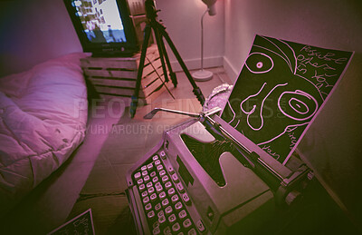 Buy stock photo Still life of a dark room with a typewriter and strange disturbing images in a bedroom