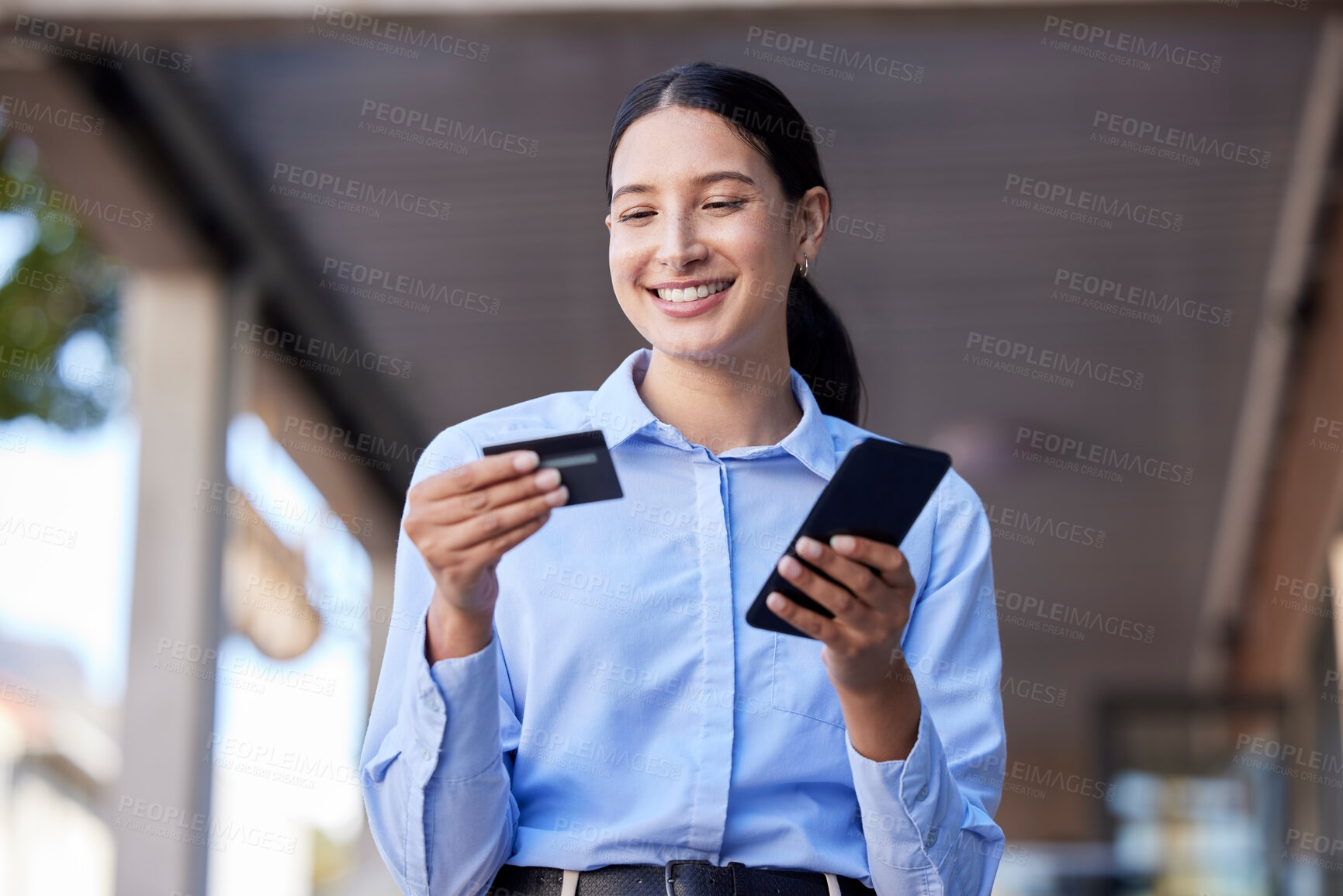 Buy stock photo Woman, smile with credit card and smartphone outdoor, online shopping with payment and fintech. Happy, store account and ecommerce with female person, mobile bank app and internet banking transaction