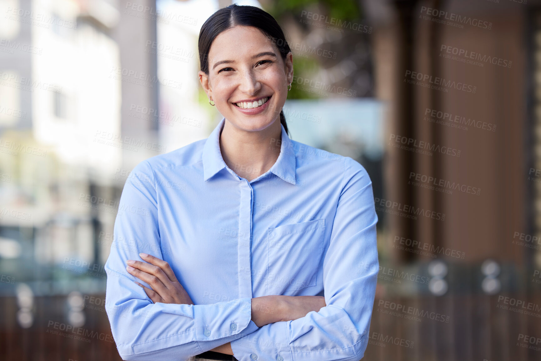 Buy stock photo Business woman, portrait smile and arms crossed in confidence for small business management in city. Happy and confident female person or creative employee smiling for startup or goals in urban town