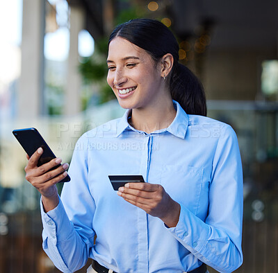 Buy stock photo Credit card, phone and business woman in city for online shopping, financial payment and banking or loan. Professional person typing on mobile, digital transaction or bank, fintech and e commerce
