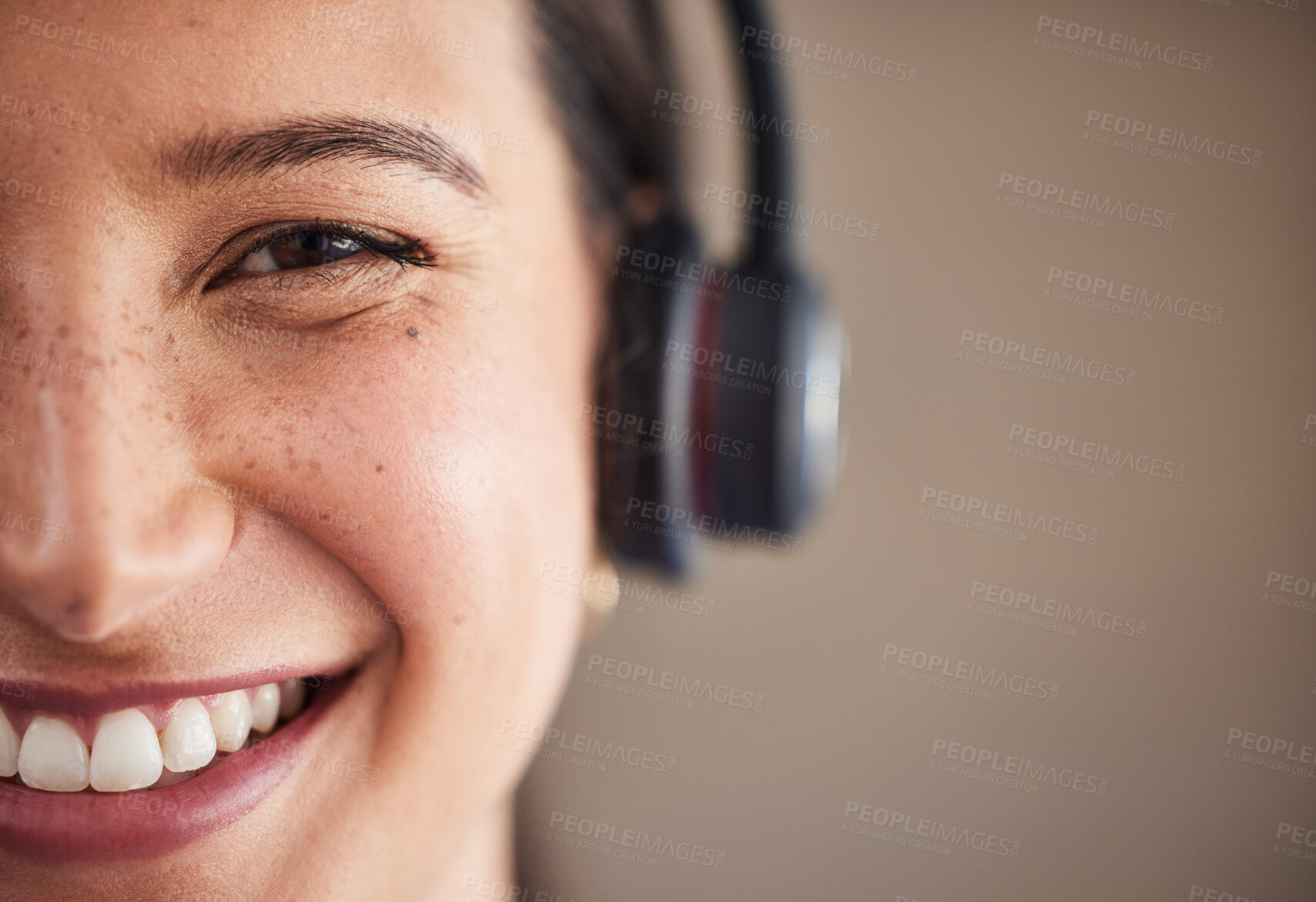 Buy stock photo Call center, portrait and closeup on woman with headset for call, working in communication and crm office mockup. Agent, smile and happy customer service worker to help, support and consulting advice