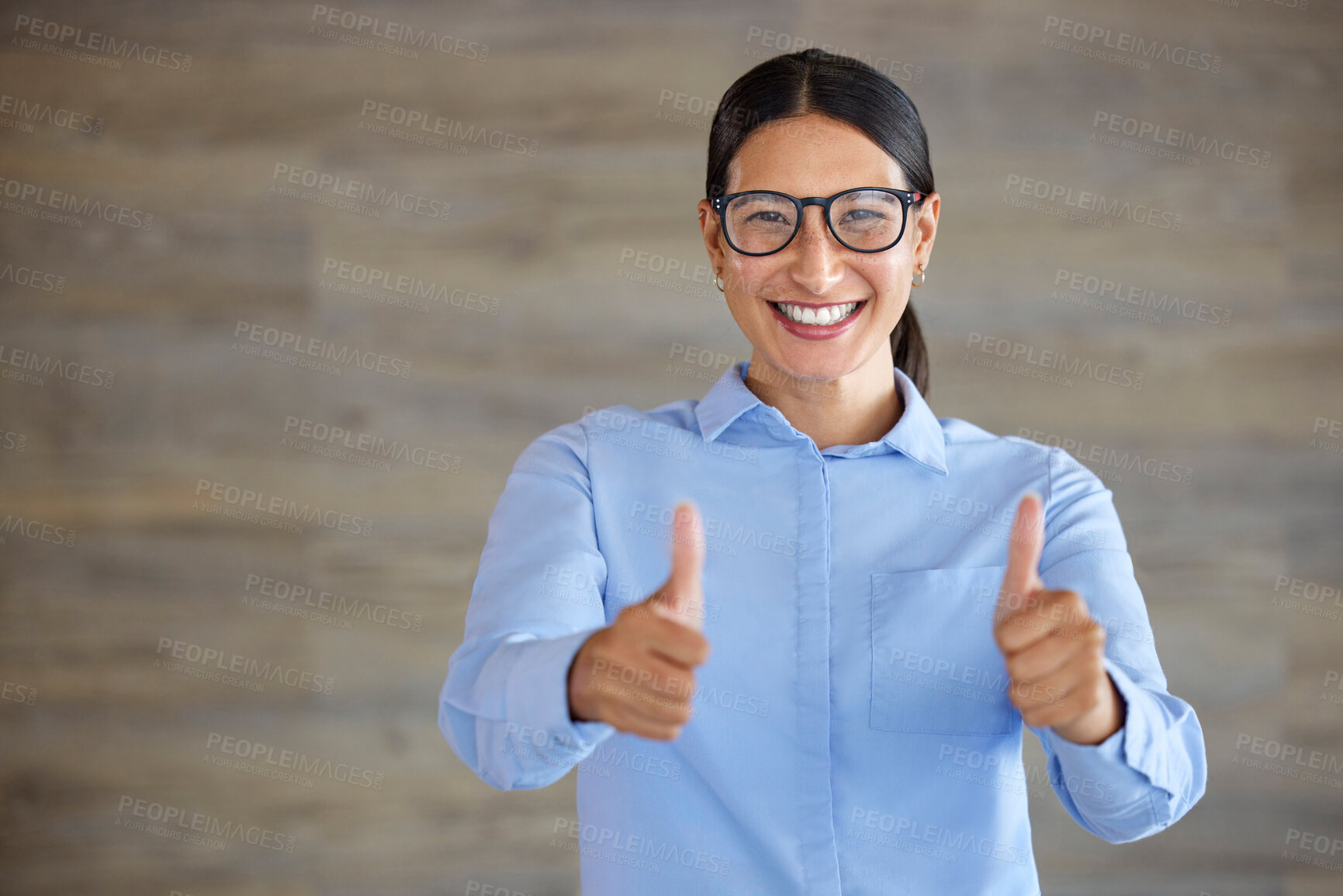 Buy stock photo Business woman, thumbs up and portrait with a smile from success, motivation and yes vote. Mockup, young female professional and employee with happy, winner and emoji hand gesture with job trust