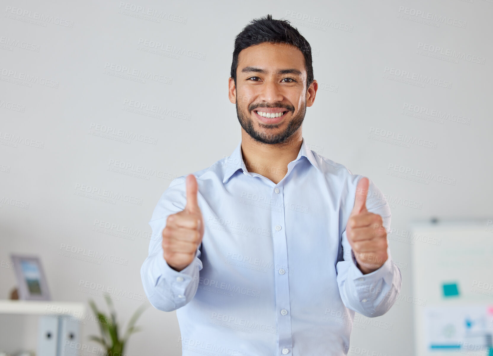 Buy stock photo Thumbs up, success and portrait of business man in office for achievement, winner and agreement. Good luck, thank you and vote with male employee and hand gesture for target, goals and feedback