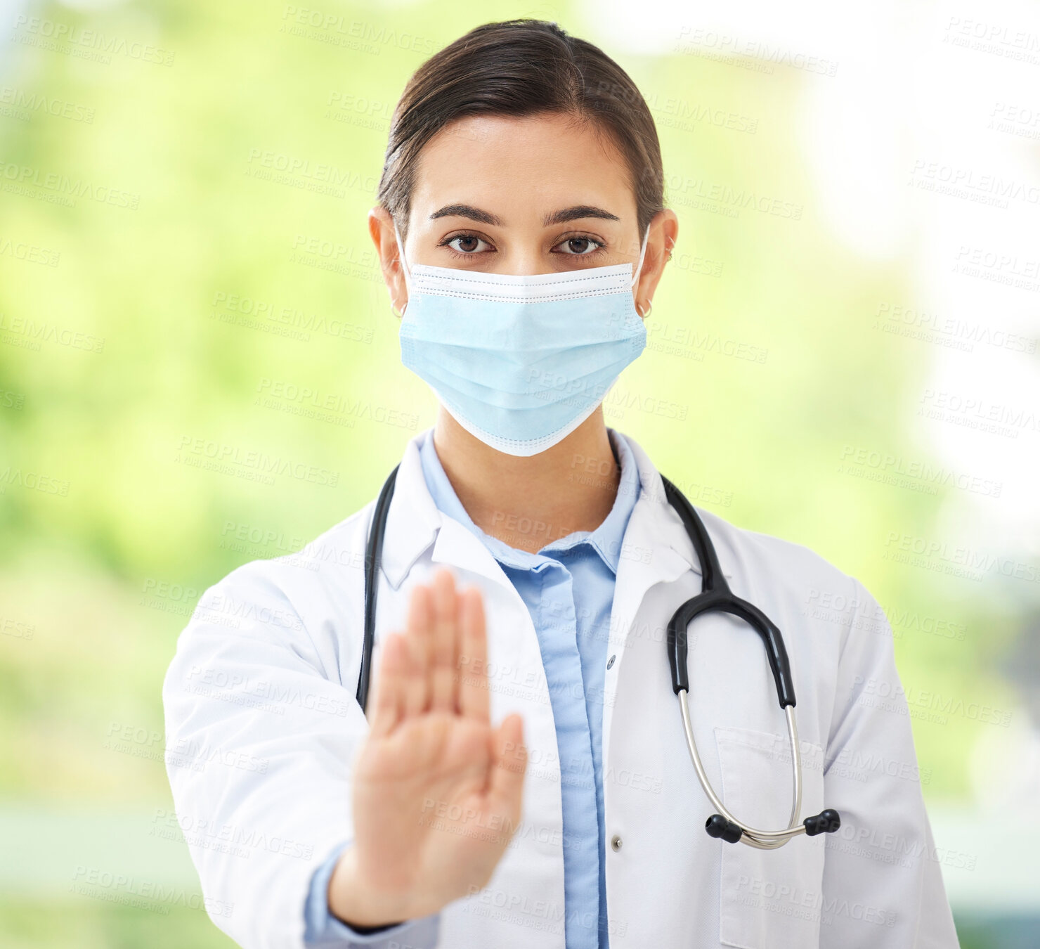 Buy stock photo Doctor, mask and portrait of woman with stop hand for healthcare tip, opinion or warning of covid. Serious, protocol and professional person with gesture for medical danger, risk or caution of LB.1