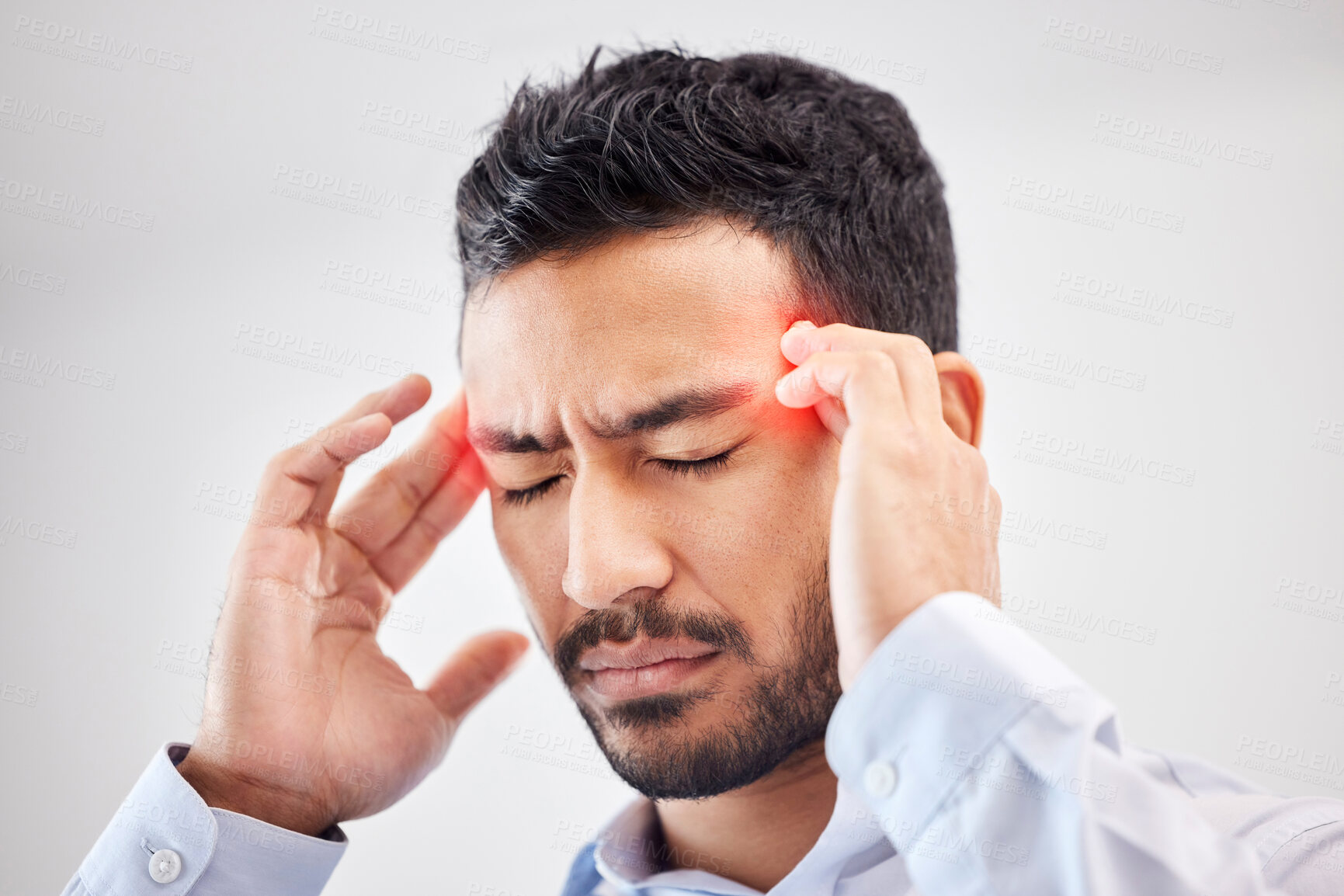 Buy stock photo Portrait of a mixed race disappointed, upset man with stubble, isolated on grey background, forget something important to do, emotion after divorce, failure. Hispanic man looking stressed
