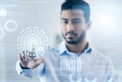 Buy stock photo Businessman working on digital interface. Young male using artificial intelligence, internet and networking technology. Virtual transformation of man with advanced workforce skills in the workplace.