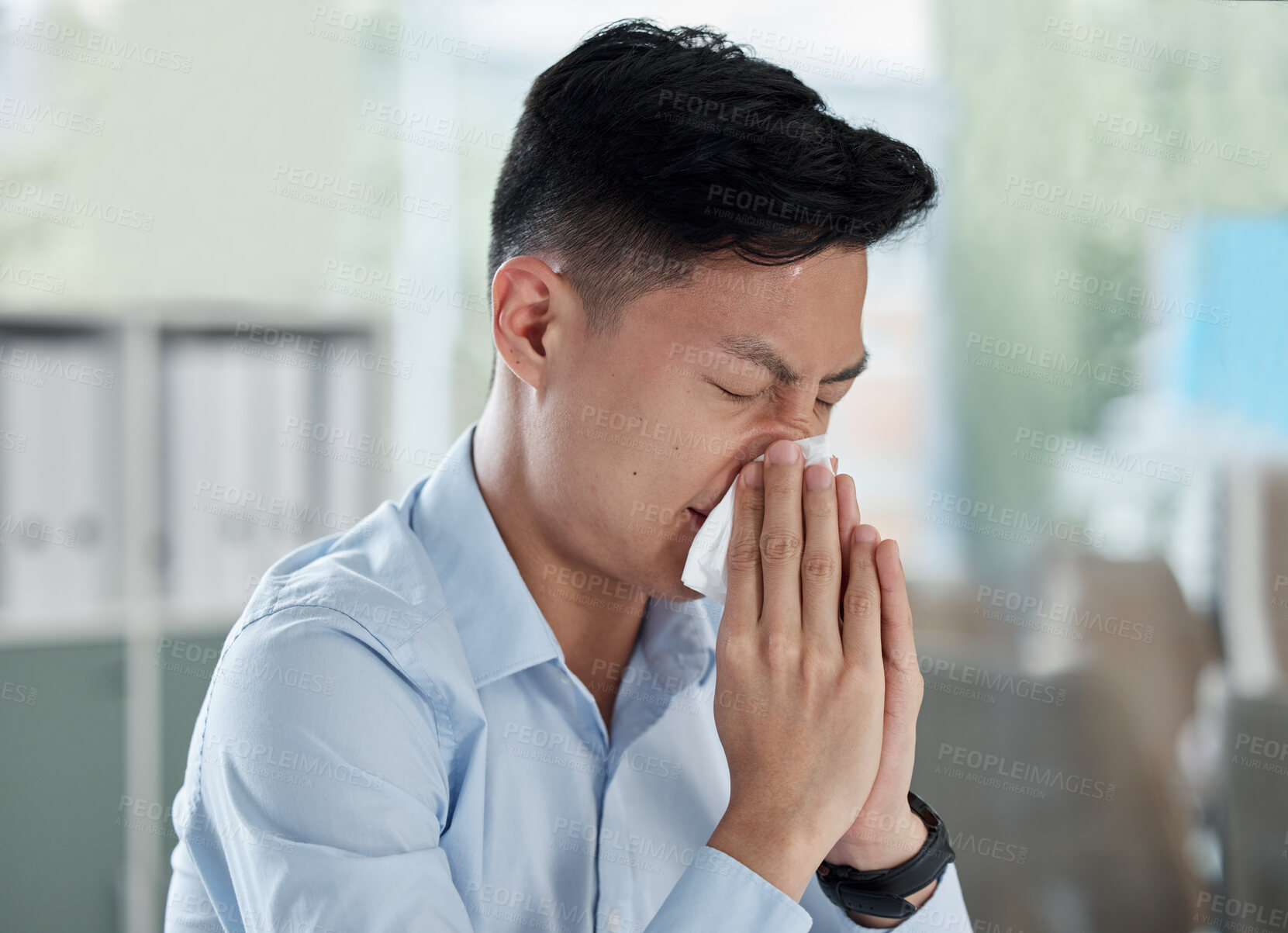 Buy stock photo Sick, blowing nose and virus with asian man in office for illness, influenza and allergy. Sneeze, bacteria and disease with male employee and tissue in corporate business for allergies and congestion