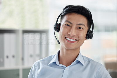 Buy stock photo Asian man, call center and portrait smile with headphones in customer service, telemarketing or support at office. Face of happy male person or consultant agent smiling for online advice at workplace