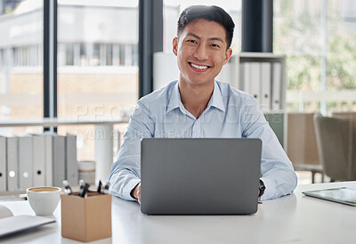 Buy stock photo Laptop, smile and asian man secretary typing a schedule online, internet and web in an office happy at a company. Email, corporate and person or employee at information desk search on a website 
