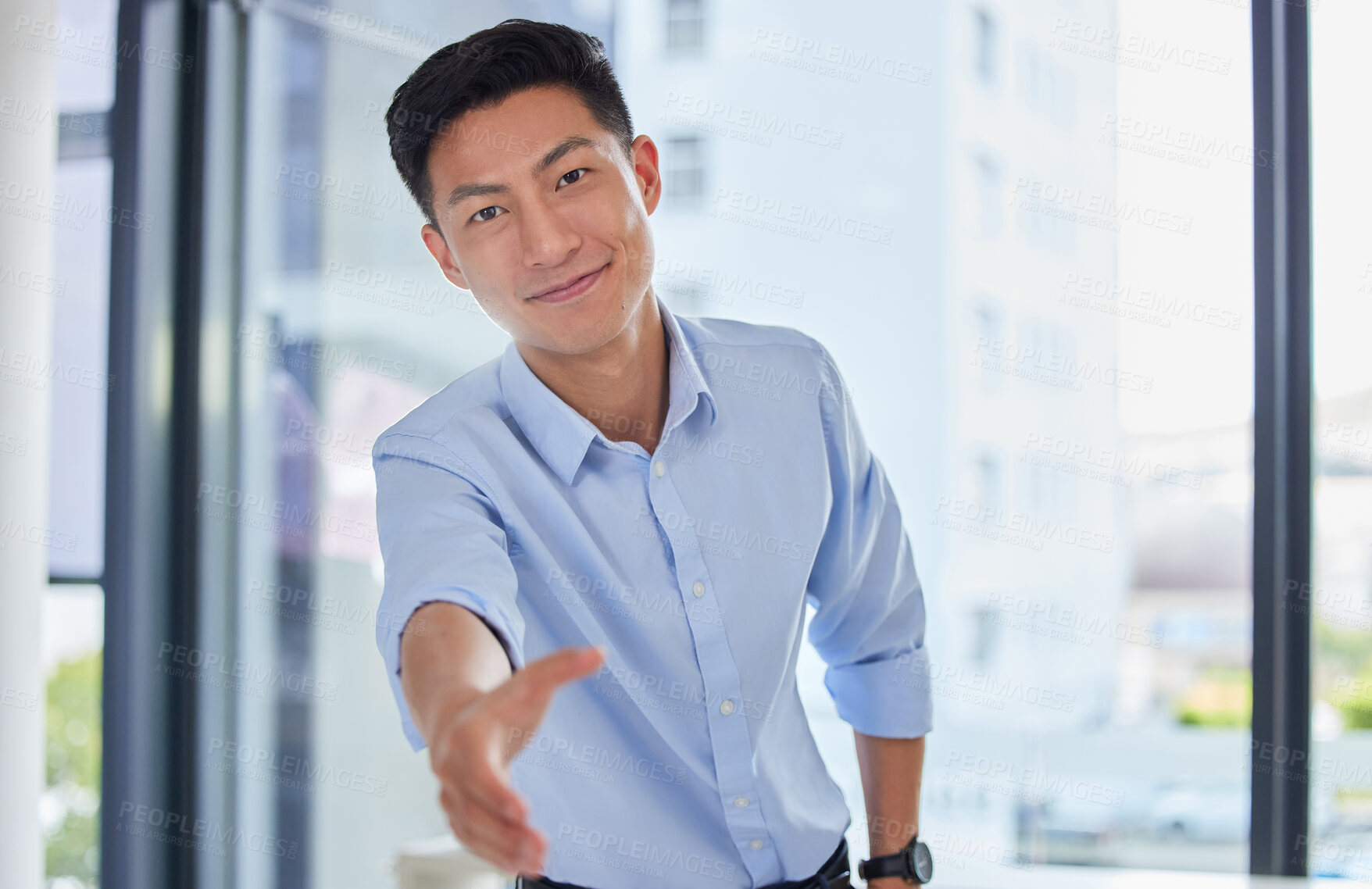 Buy stock photo Closeup, handshake and portrait of business man for networking, job interview or welcome. Thank you, contract and hiring with asian male employee in office for negotiation, consulting and partnership
