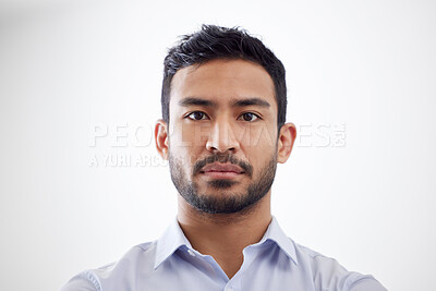 Buy stock photo Asian man, serious and portrait with confident for career pride, job growth and consultant in mockup. Professional person, face or about us for company, start up or business trust by white background