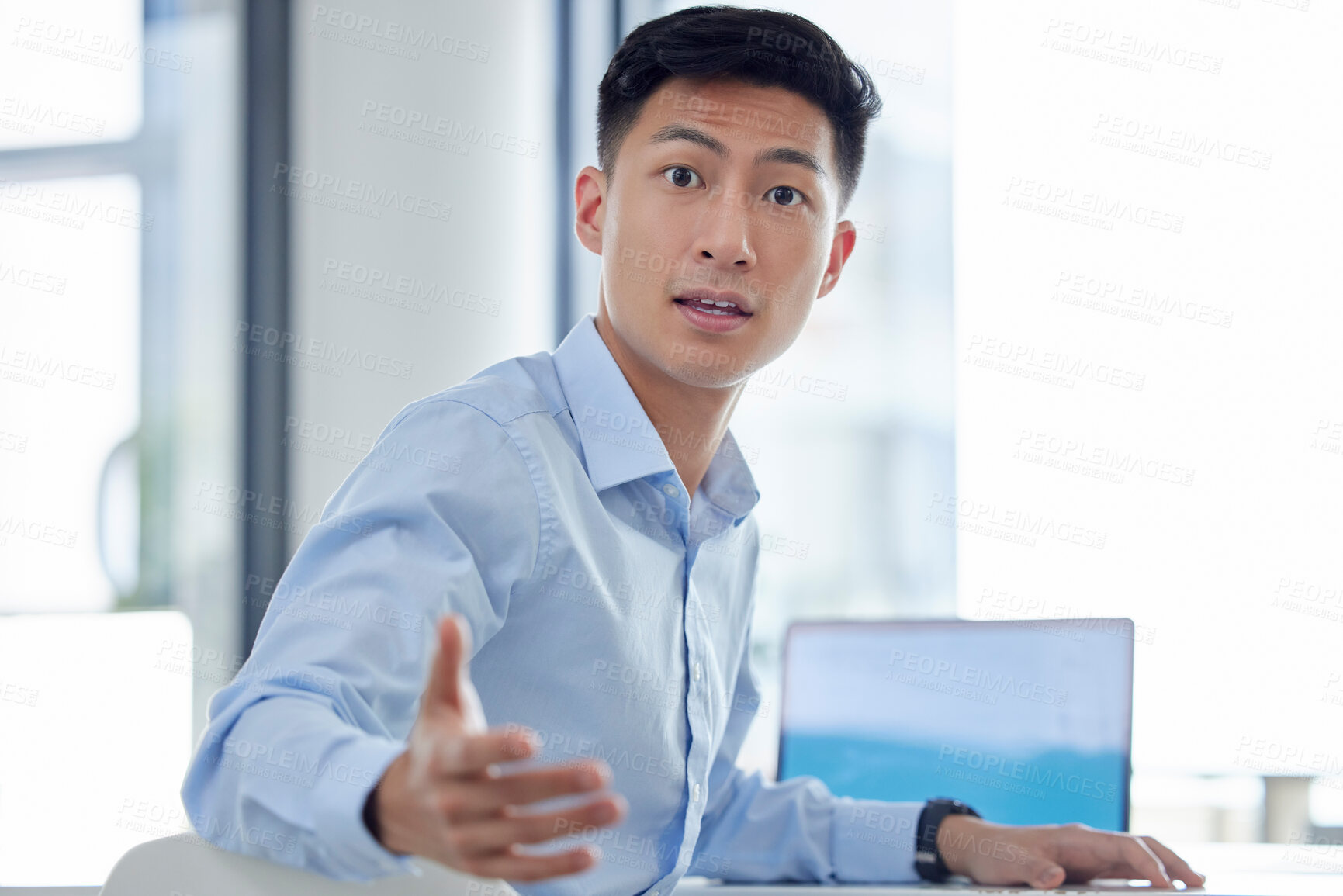 Buy stock photo Portrait, business and Asian man shocked, confused and doubt with a schedule, mistake or professional. Face, male person or entrepreneur with a surprise, facial expression or amazed with wow and news