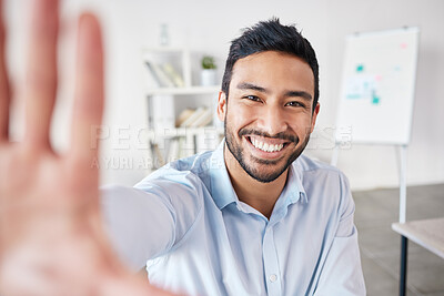 Buy stock photo Portrait of a mixed race hispanic businessman making a frame shape gesture with his hands while smiling in a office. Cheerful hispanic male looking happy 