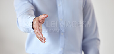 Buy stock photo Businessman, handshake and meeting for deal, hiring or introduction in partnership at office. Hand of man employer shaking hands in team recruiting, welcome or b2b agreement and greeting at workplace