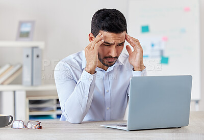 Buy stock photo Businessman, laptop and headache in stress, depression or mistake and overworked at office. Frustrated and tired asian man by computer with anxiety, debt or bankruptcy in mental health at workplace