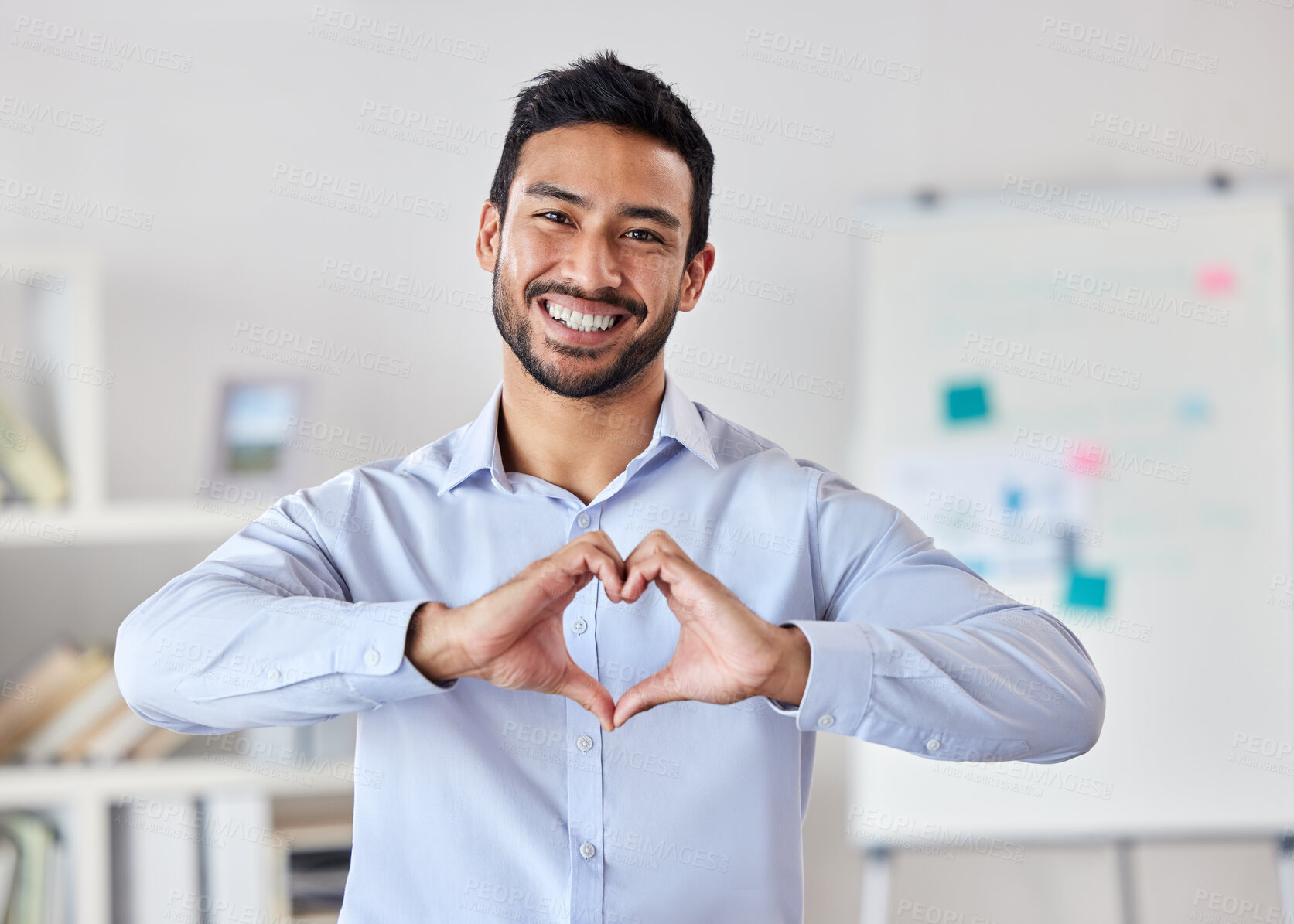 Buy stock photo Heart hands, smile and portrait of man in office with ideas and happiness for future start up project. Businessman, love hand sign or emoji for excited business deal, service and care with kindness
