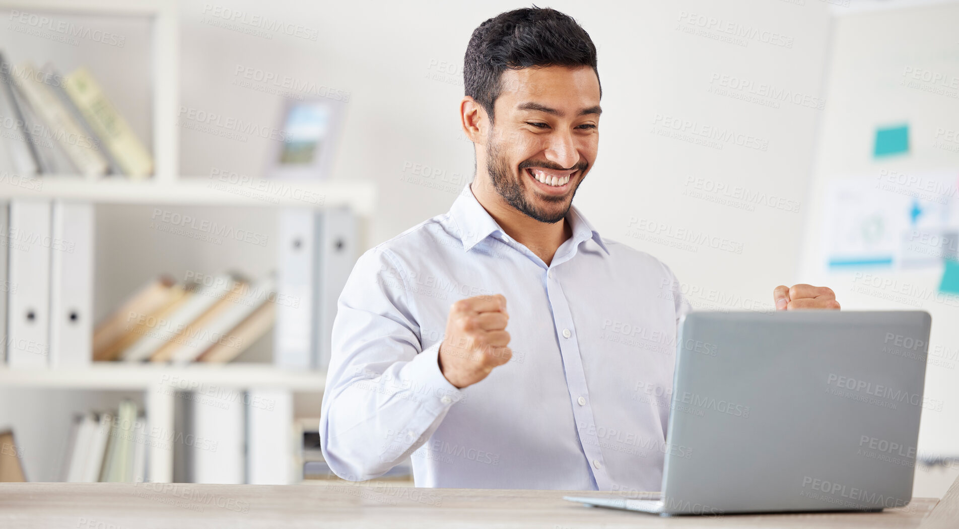 Buy stock photo Business, happy and man excited, laptop and cheering with happiness, achievement and startup success. Male person, employee and consultant with a pc, technology and celebration with victory and smile