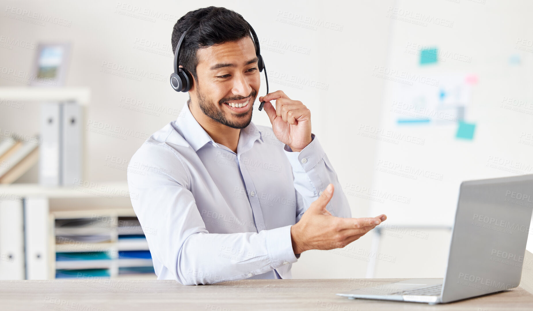 Buy stock photo Consultant, man with a headset and laptop at his desk of a modern office workplace. Telemarketing or customer service, crm or online communication and male call center agent happy at workstation