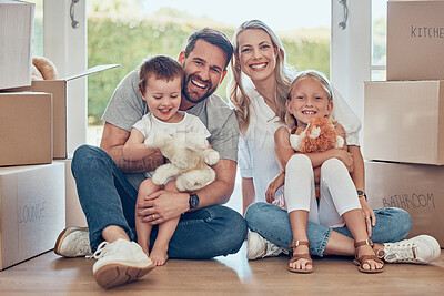 Buy stock photo Portrait, happy family and kids on floor of new home, real estate and property loan for relocation. Children, parents and moving in together for building investment, mortgage and boxes in apartment

