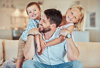 Buy stock photo Man, kids and piggyback fun in living room for playful childhood, happiness and fathers day at home. Happy children hug dad for family bond, love and care in lounge to relax for quality time together