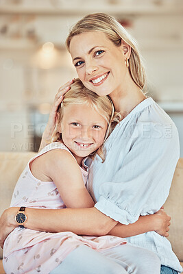 Buy stock photo Portrait, woman and hug girl kid in home for love, care and quality time together on mothers day. Happy mom, family and hugging cute daughter for support, comfort and smile to relax in loving house 