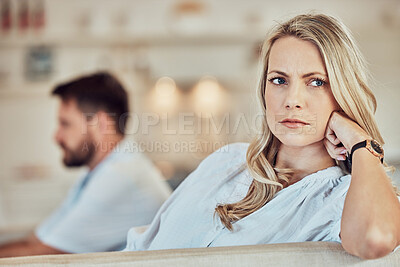 Buy stock photo Woman, sad and angry in fight of couple with problem, divorce and crisis of conflict at home. Face of female person ignoring partner in argument, marriage failure and stress of frustrated break up